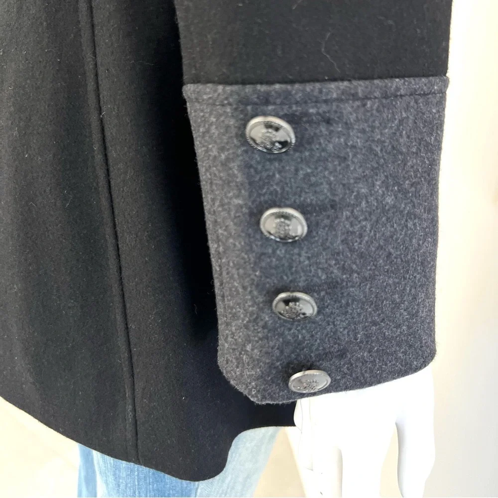 NAUTICA Women's Black Gray Trim Wool Blend Double Breasted Button Peacoat Sz M